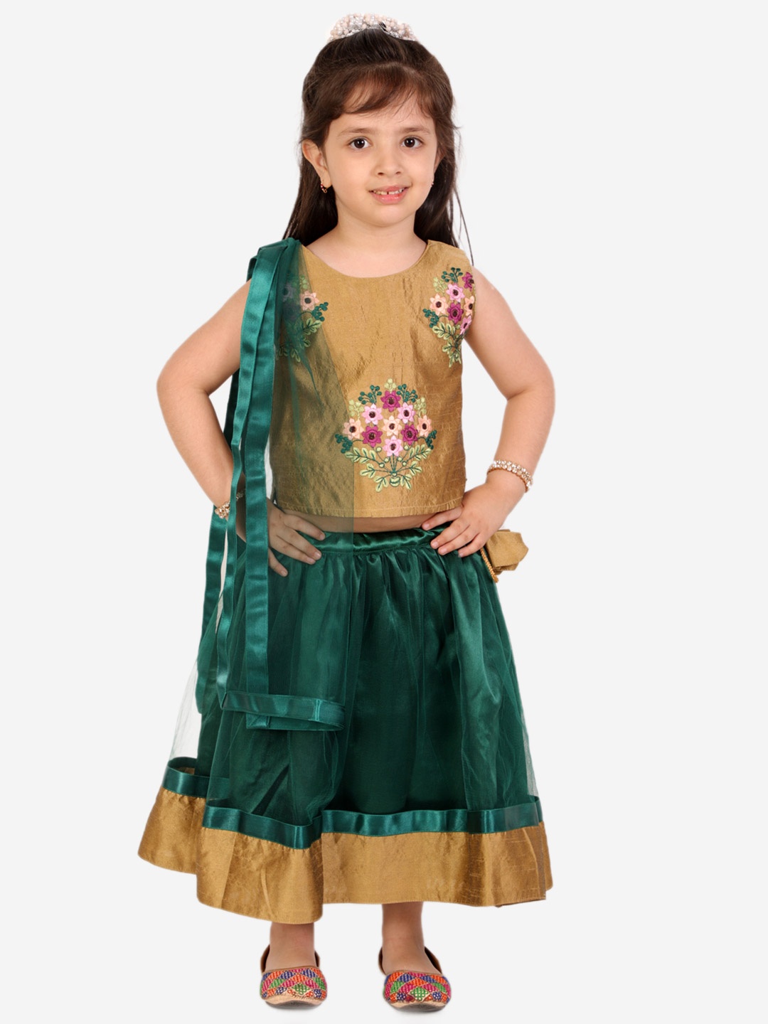 

Superminis Girls Green & Beige Embroidered Ready to Wear Lehenga & Blouse With Dupatta