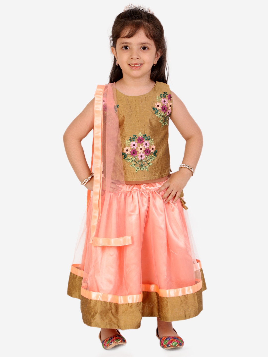 

Superminis Girls Peach-Coloured & Beige Embroidered Ready to Wear Lehenga & Blouse With Dupatta