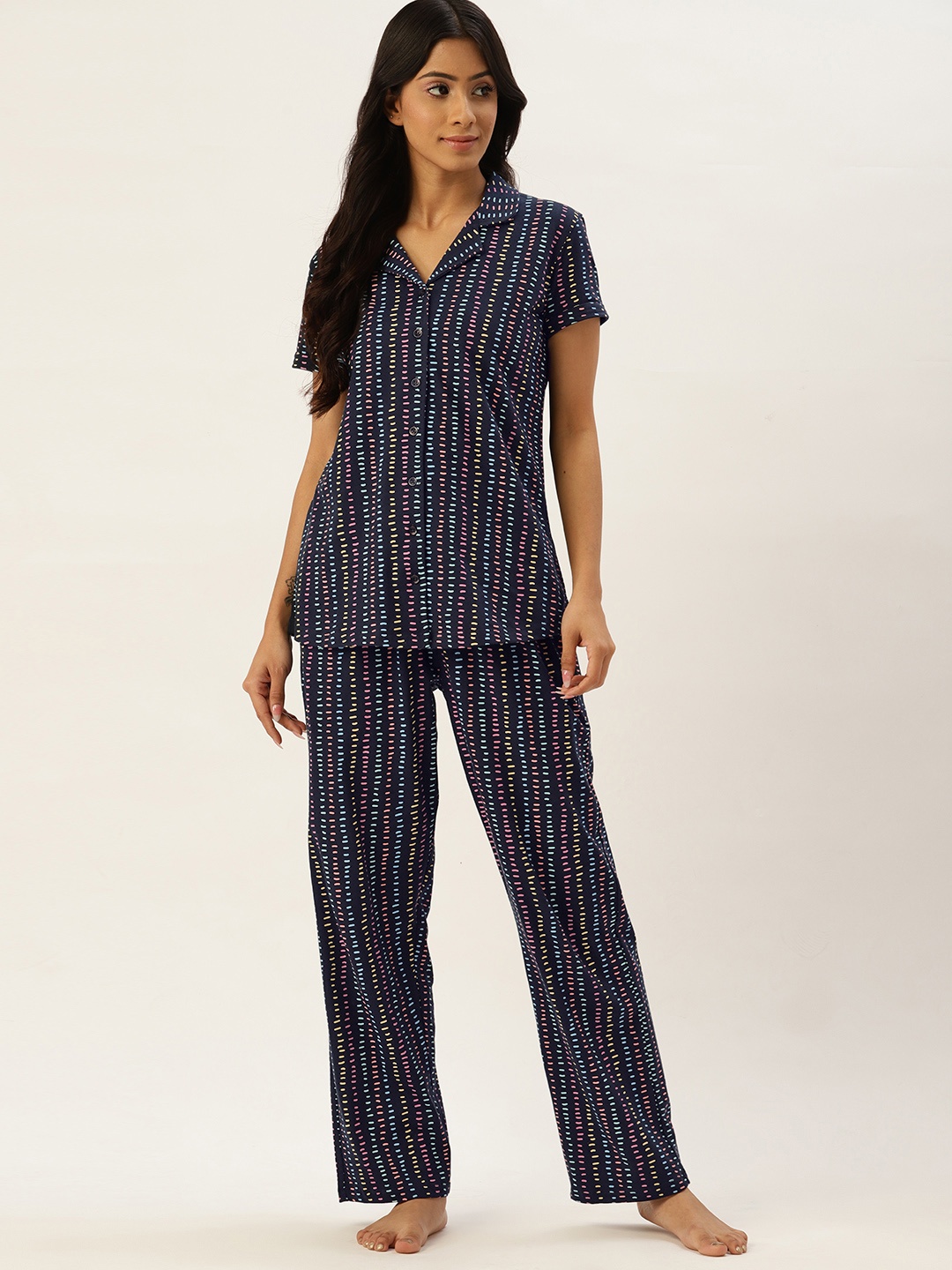 

ETC Women Navy Blue Printed Cotton Night suit