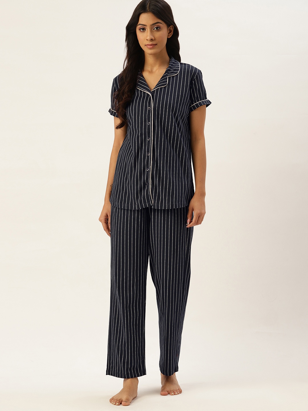 

ETC Women Navy Blue Striped Cotton Night suit
