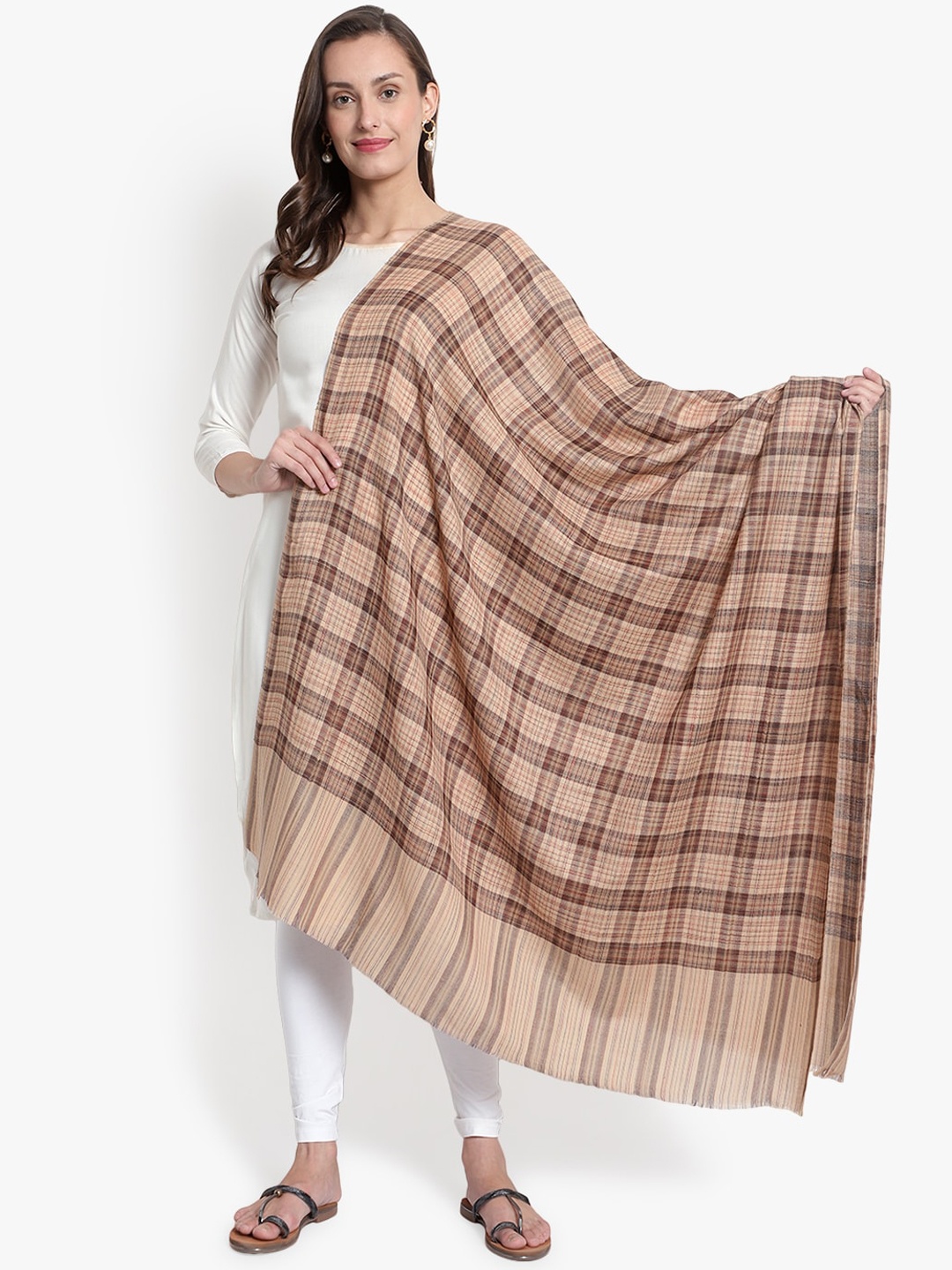 

Mizash Women Beige Checked Woolen Shawl
