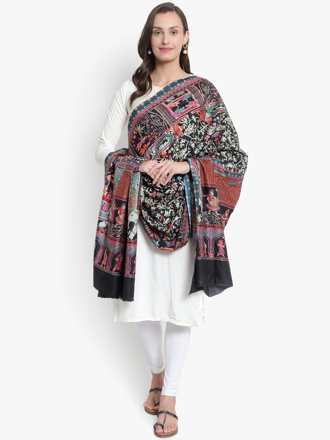 

Mizash Women Black & Red Kalamkari Printed Pashmina Woolen Shawl