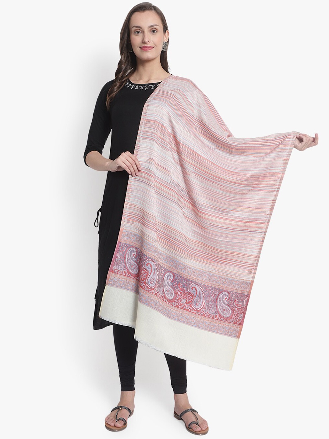 

Mizash Women Cream & Pink Woven Designed Pure Wool Shawl