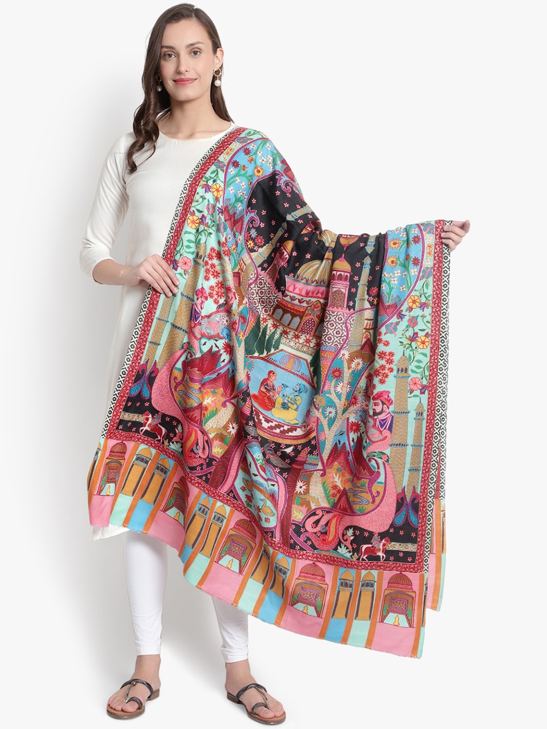 

Mizash Women Blue & Red Kalamkari Printed Pashmina Woolen Shawl