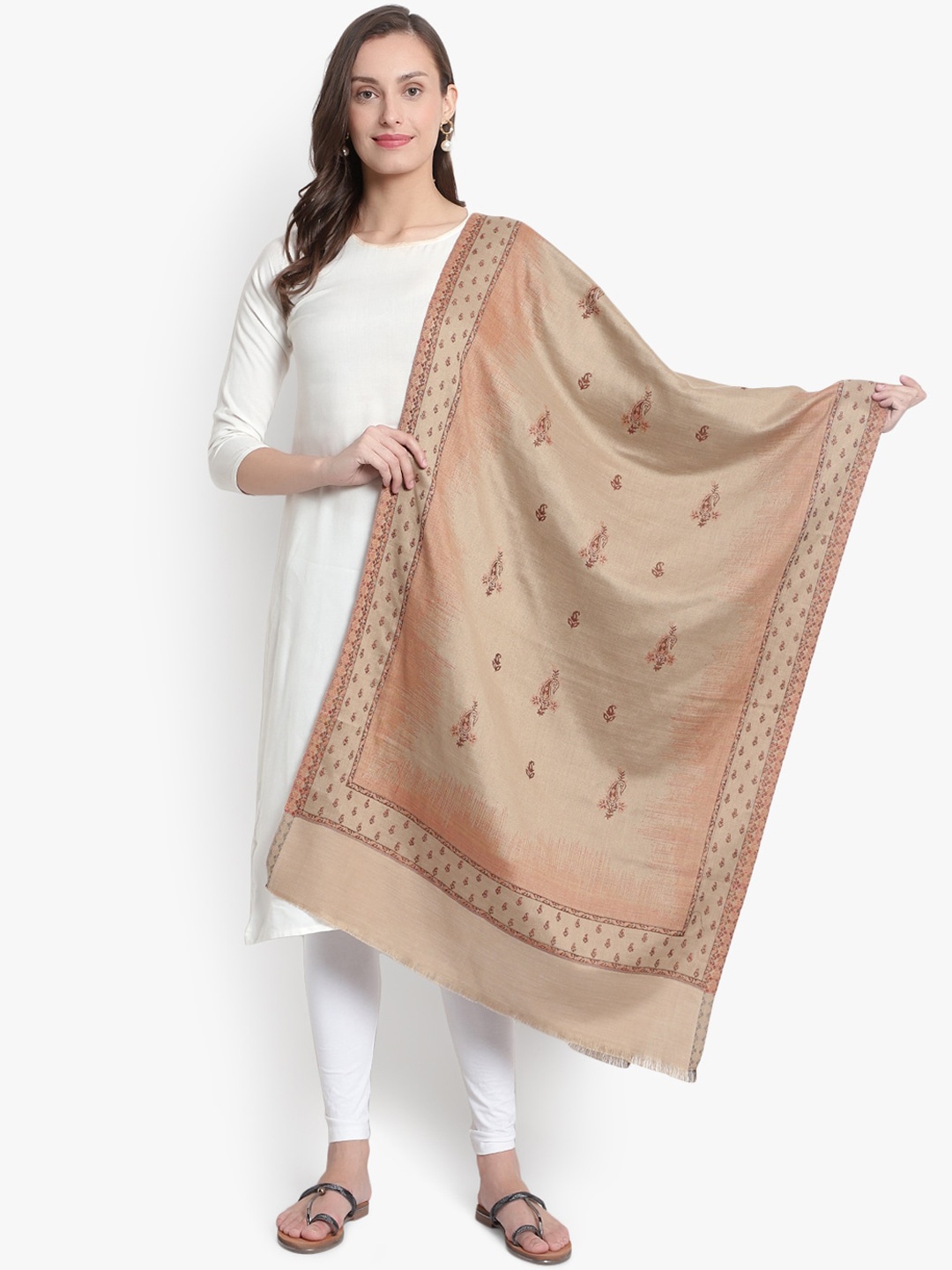 

Mizash Women Beige Woven Design Woolen Shawl