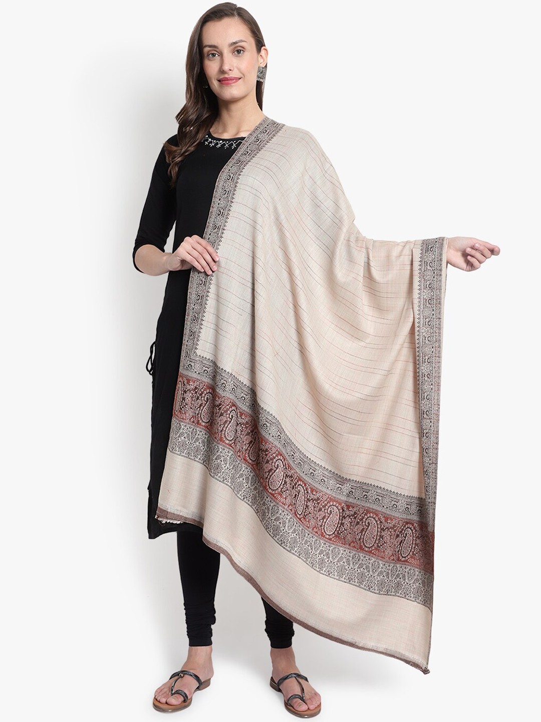 

Mizash Women Beige & Red Woven-Design Woolen Shawl