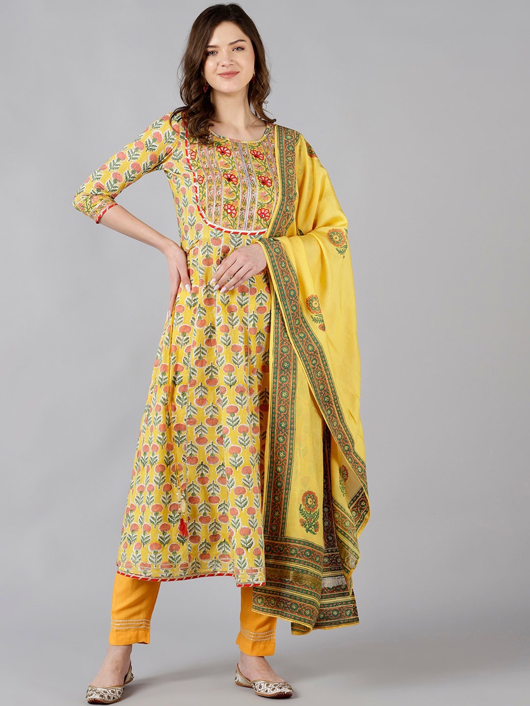 

Bani Women Mustard Yellow Floral Embroidered Empire Gotta Patti Liva Kurti with Trousers & With Dupatta