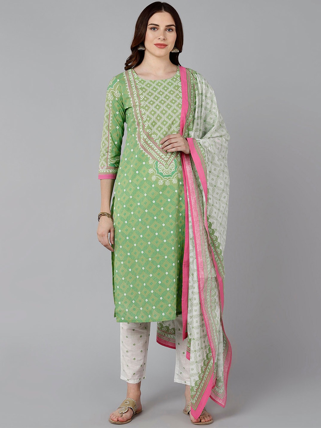 

Bani Women Green Embroidered Panelled Liva Kurti with Trousers & With Dupatta