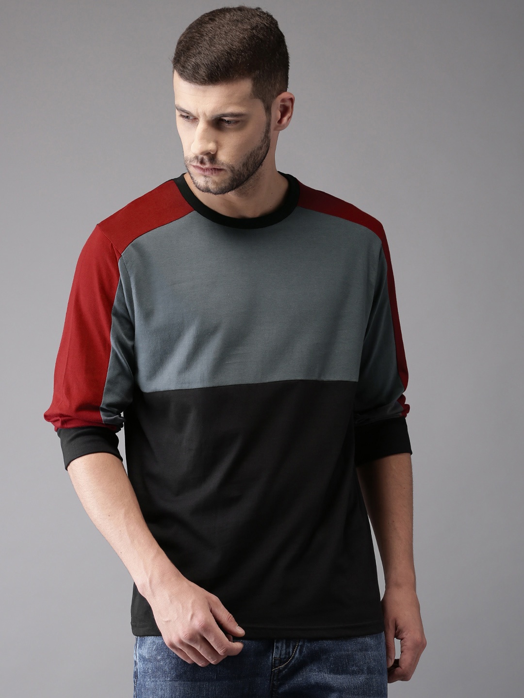 

Moda Rapido Men Grey Black Colourblocked Round Neck Pure Cotton T-shirt, Na