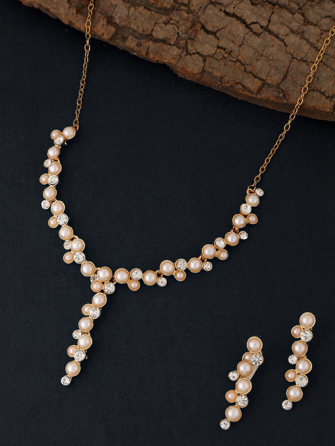 

Yellow Chimes Gold-Plated White Crystal & Pearls Studded Choker Necklace Set