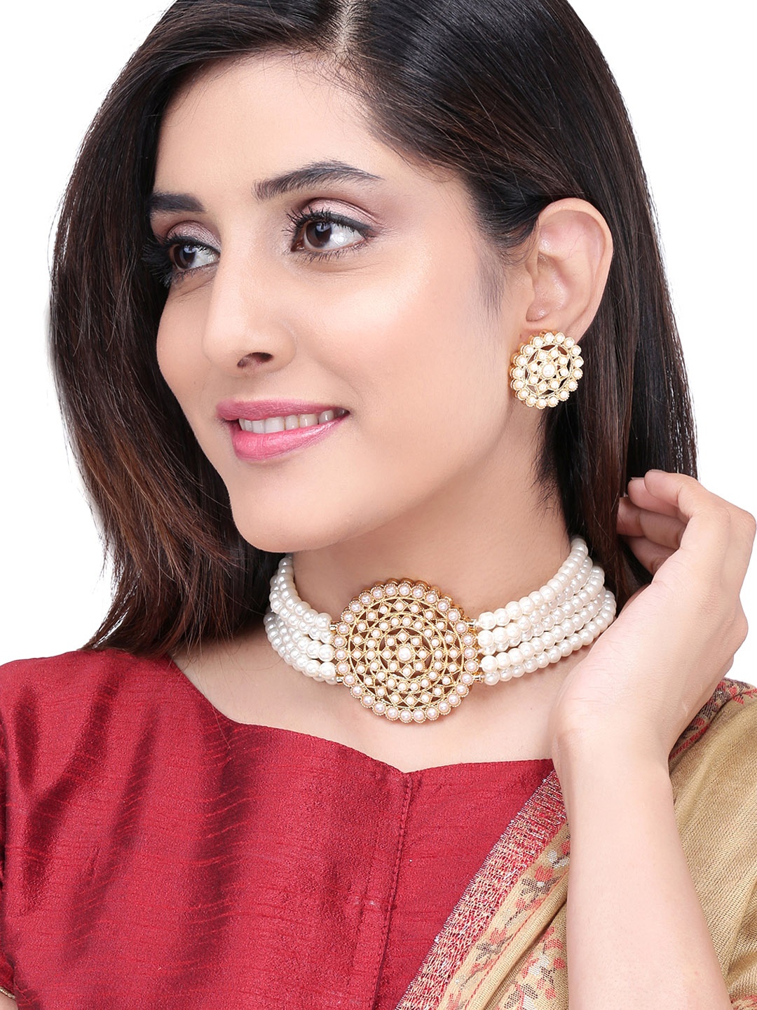 

Yellow Chimes White Pearl Gold Plated Multilayer Choker Necklace Set