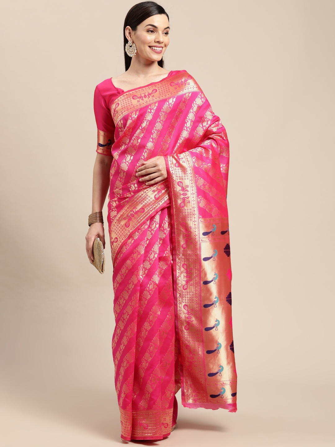 

VAIRAGEE Pink & Golden Ethnic Motifs Pure Silk Saree