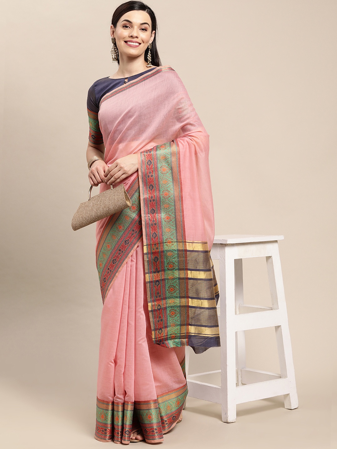

VAIRAGEE Pink & Green Striped Pure Cotton Saree