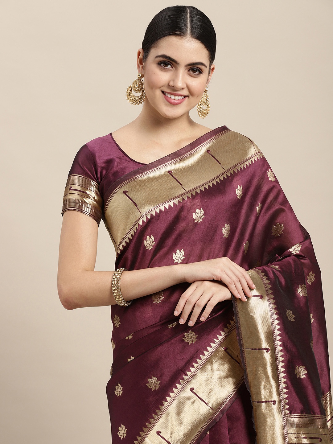 

VAIRAGEE Burgundy & Golden Ethnic Motifs Pure Silk Saree