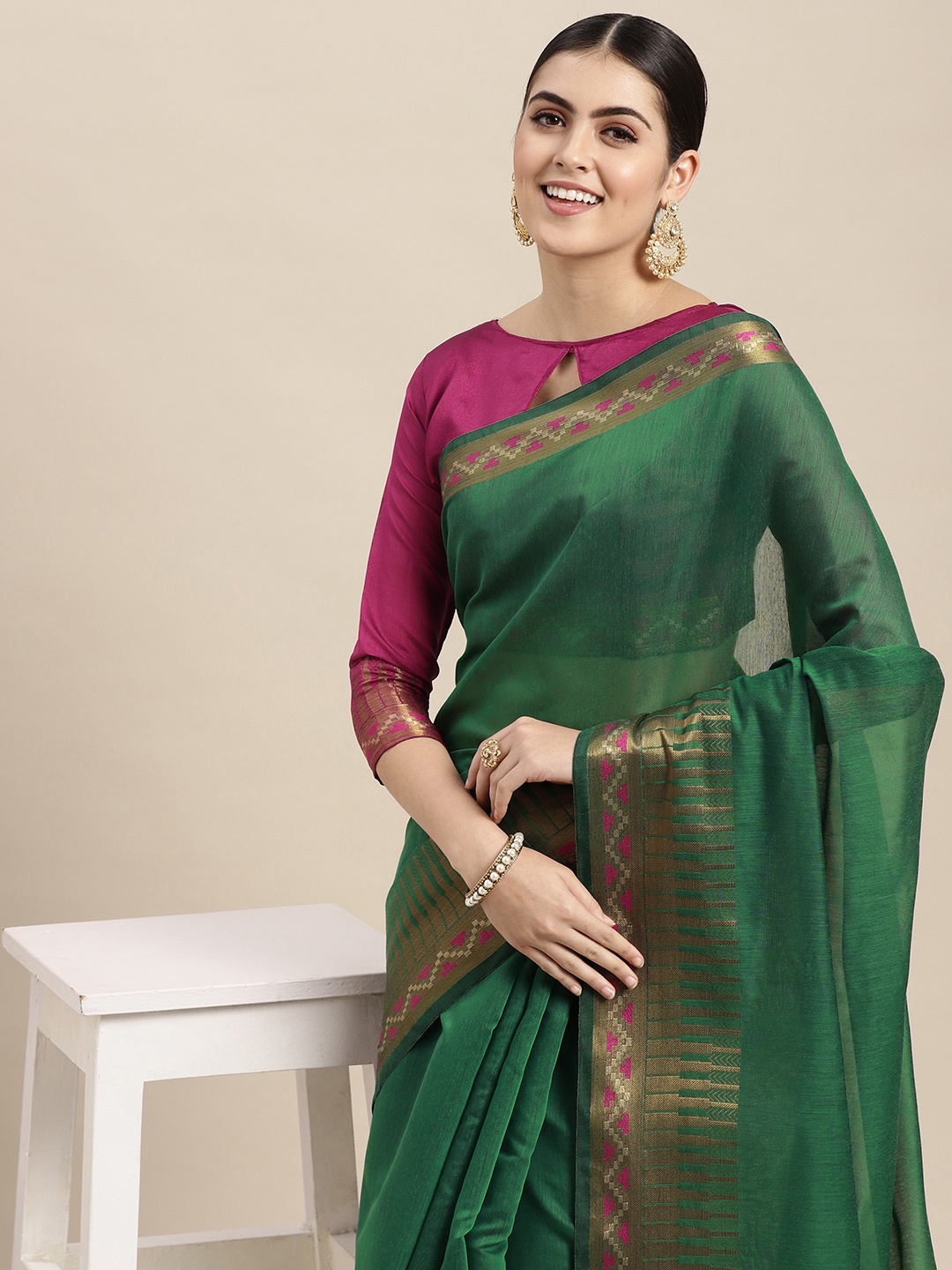 

VAIRAGEE Green & Golden Striped Pure Cotton Saree