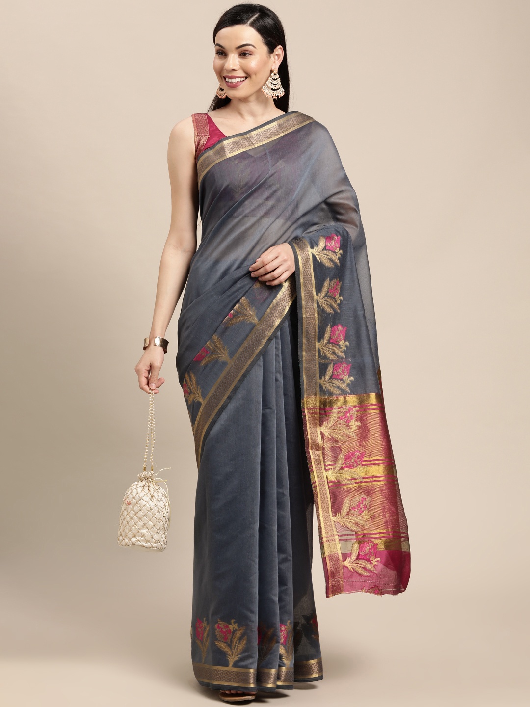 

VAIRAGEE Grey & Red Ethnic Motifs Pure Cotton Saree