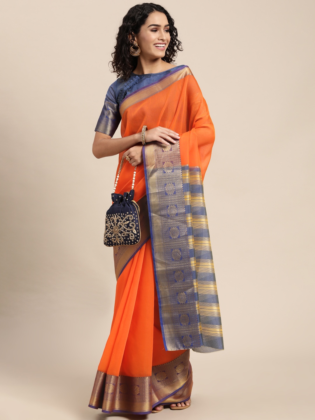 

VAIRAGEE Orange & Blue Striped Pure Cotton Saree