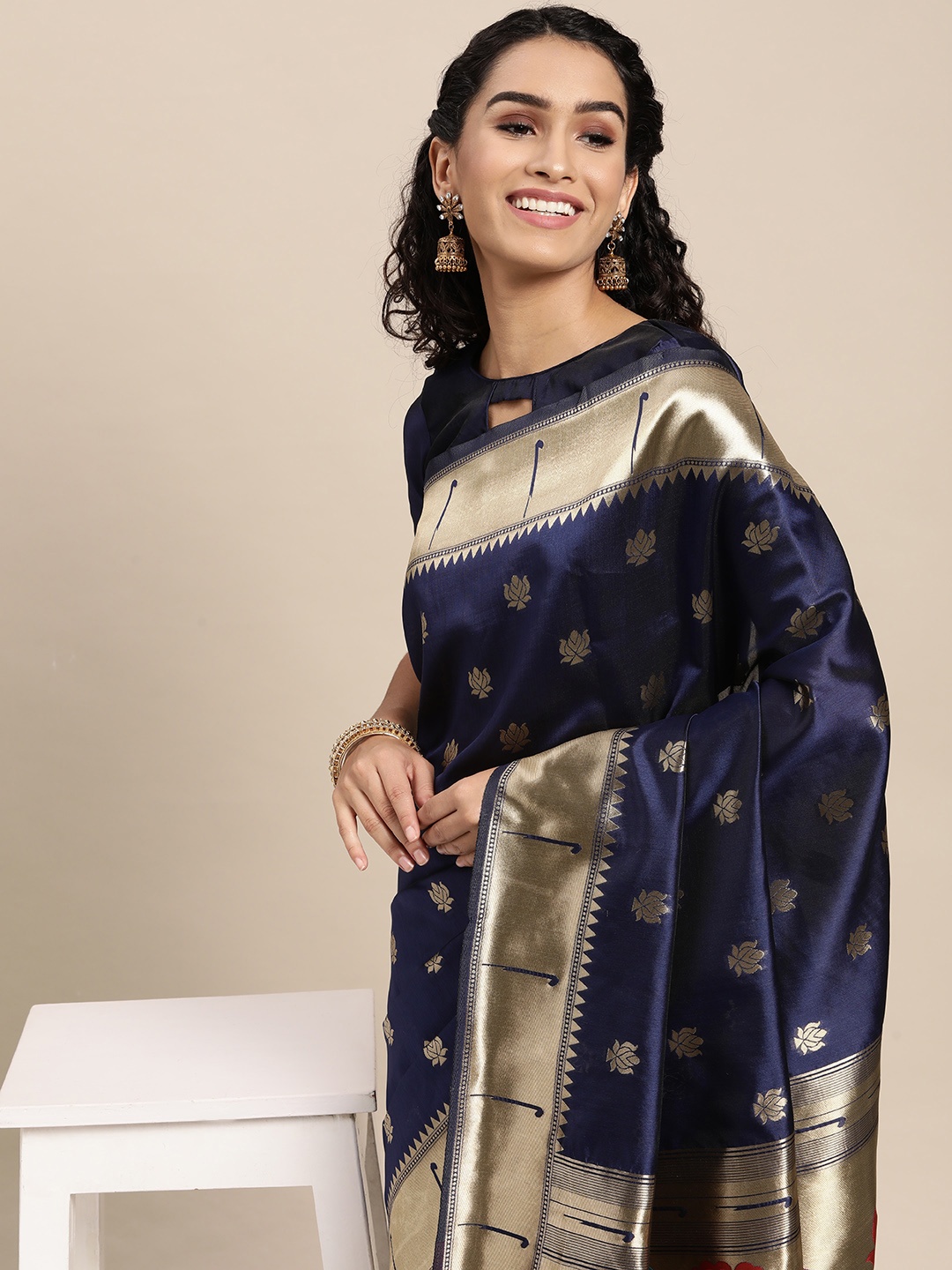 

VAIRAGEE Blue & Golden Ethnic Motifs Pure Silk Saree