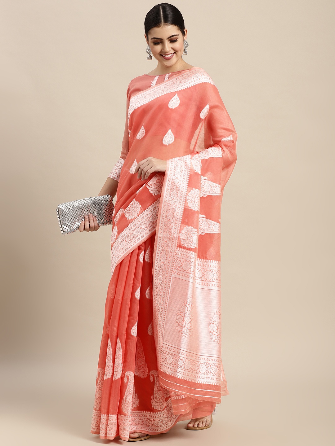 

VAIRAGEE Peach-Coloured & White Ethnic Motifs Pure Cotton Saree