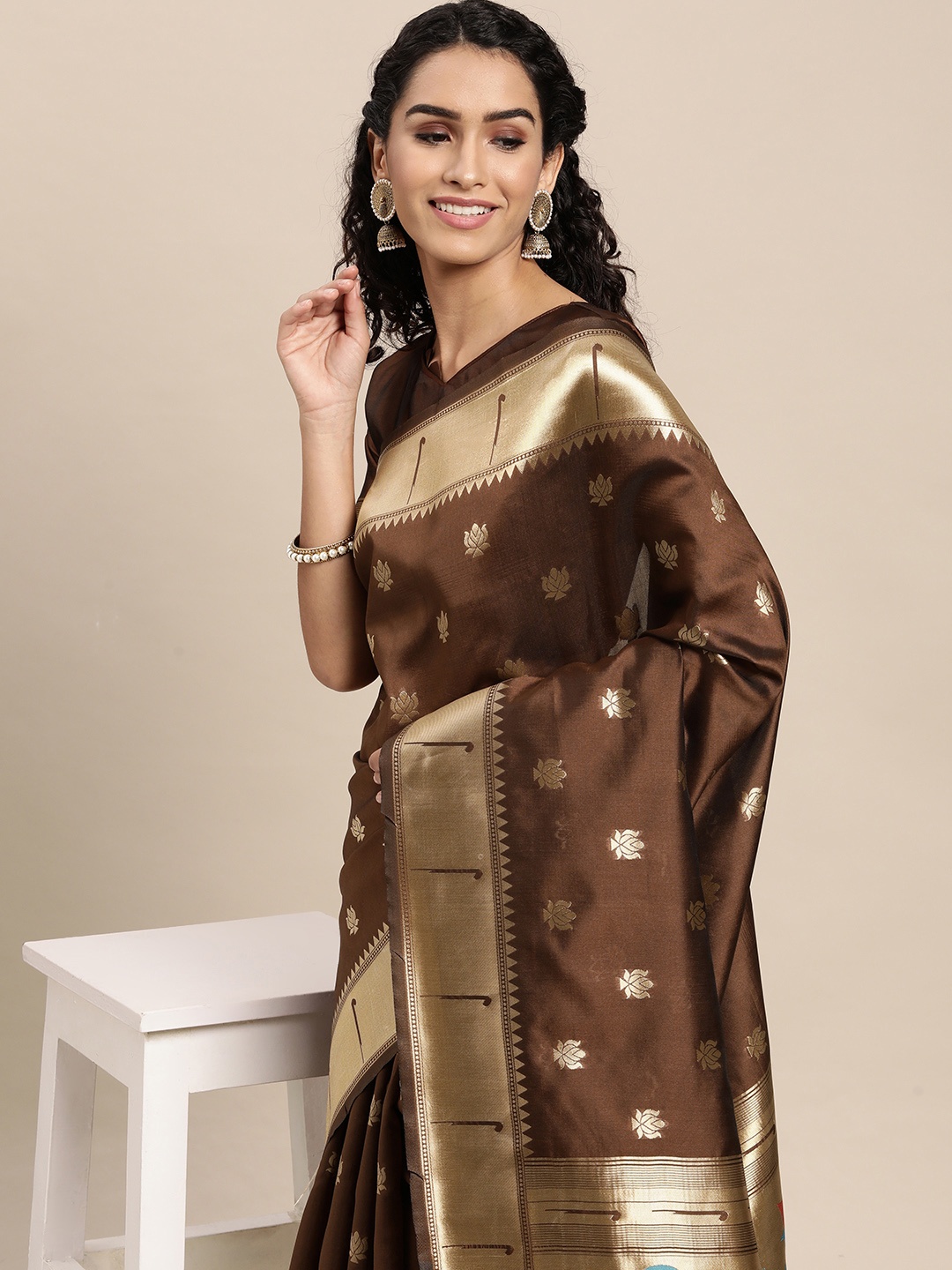 

VAIRAGEE Brown & Golden Ethnic Motifs Pure Silk Saree