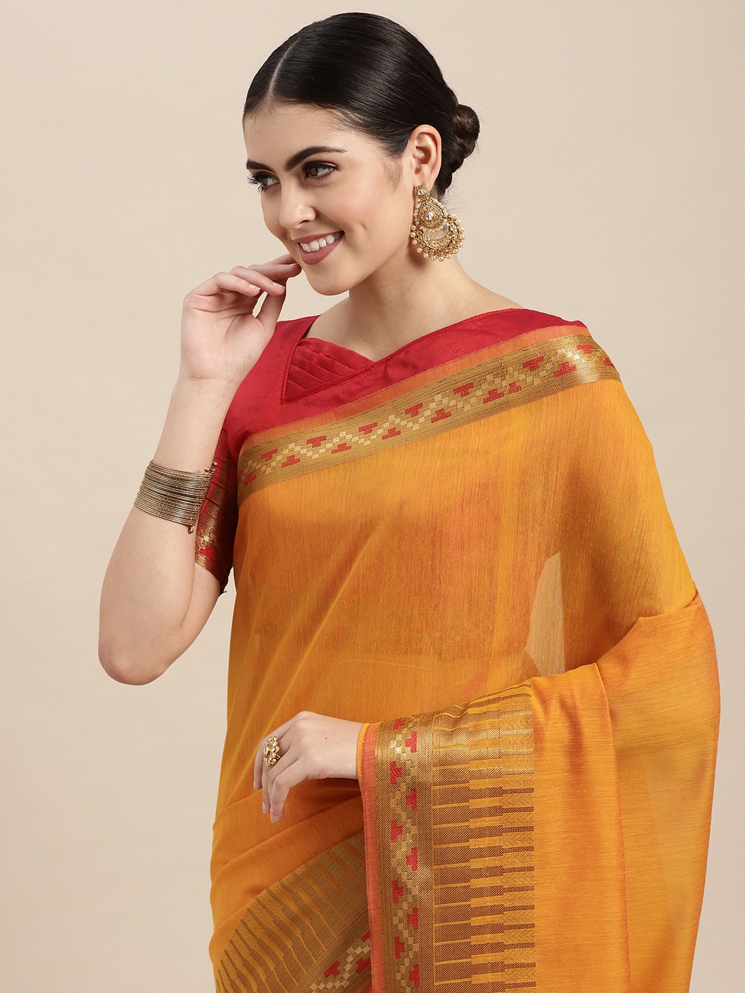 

VAIRAGEE Orange & Red Striped Pure Cotton Saree