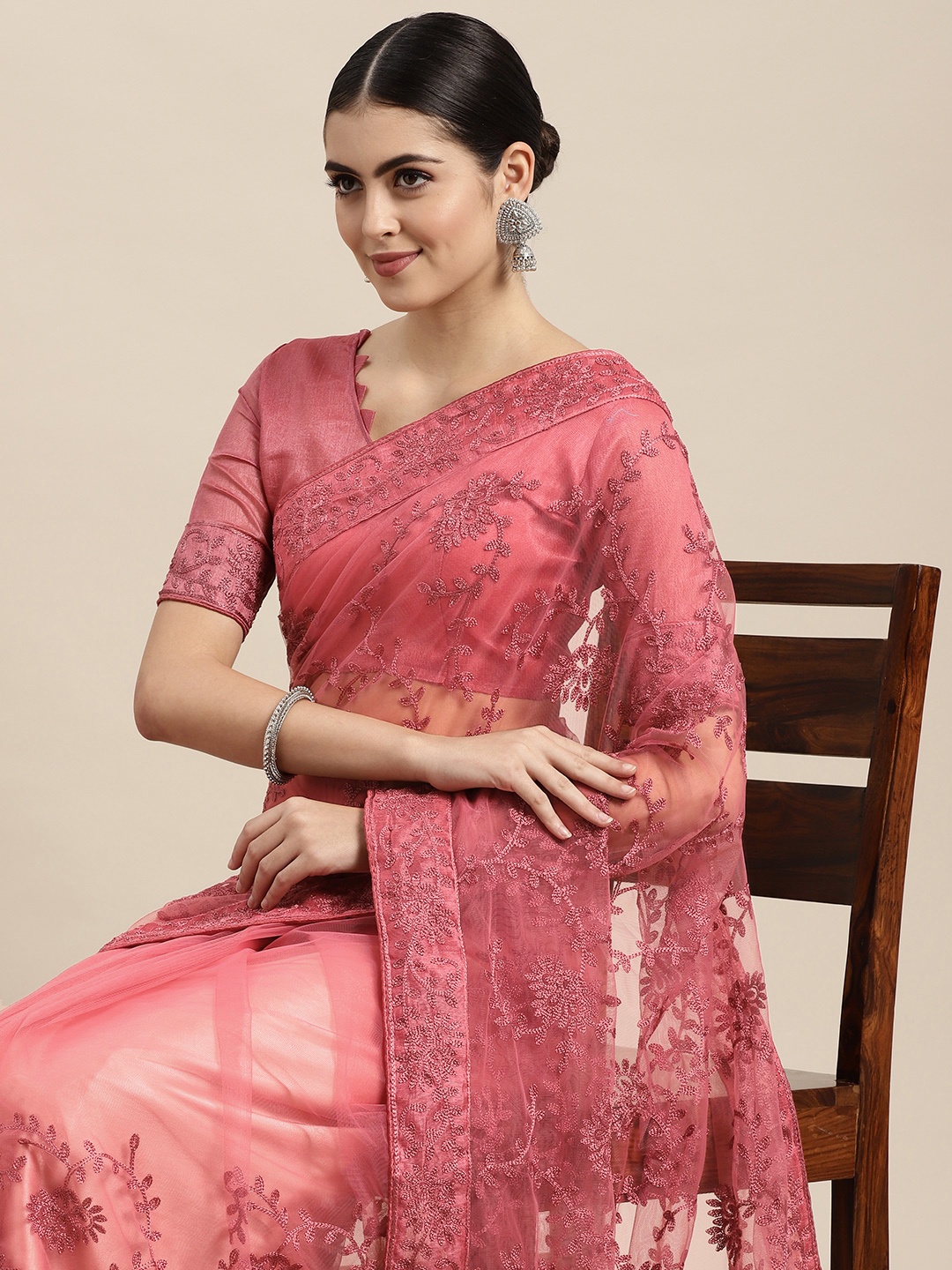 

VAIRAGEE Dusty Pink Floral Net Saree, Rose