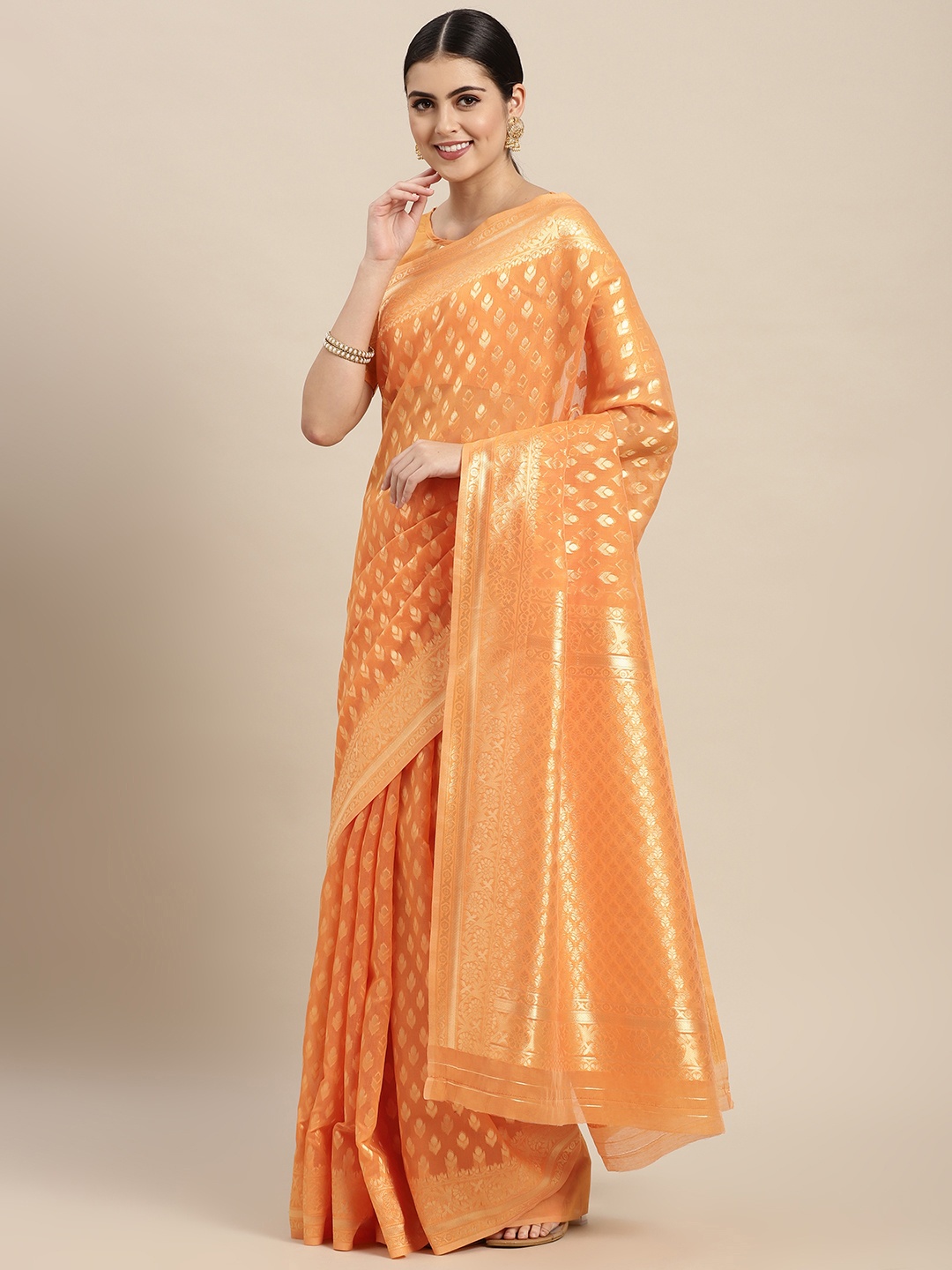 

VAIRAGEE Orange & Golden Ethnic Motifs Pure Cotton Saree