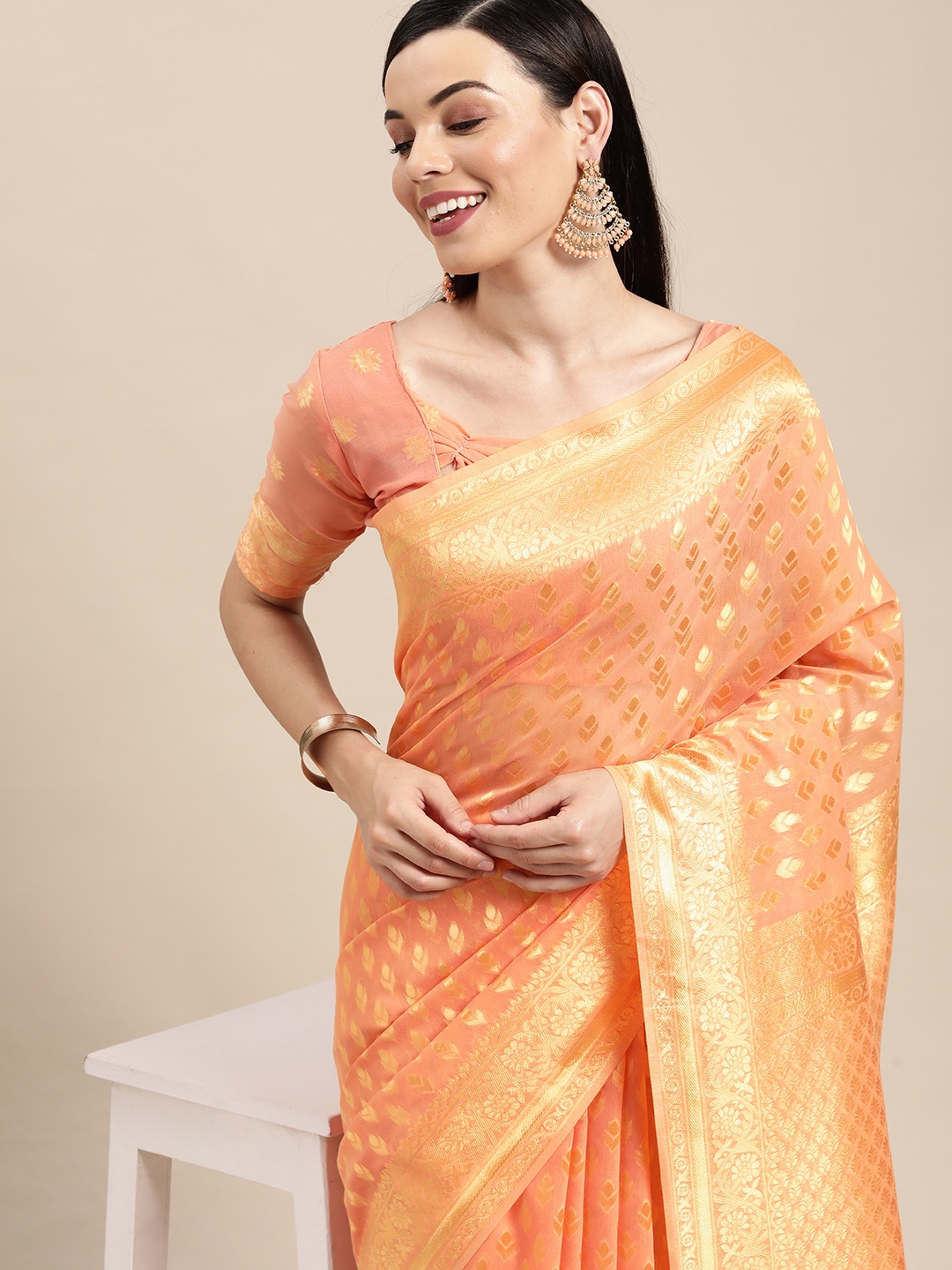 

VAIRAGEE Peach-Coloured & Golden Ethnic Motifs Pure Cotton Saree