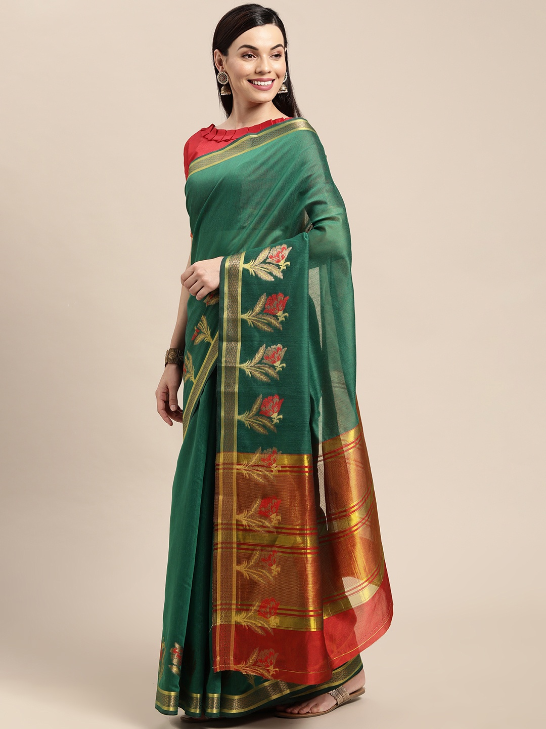 

VAIRAGEE Green & Red Ethnic Motifs Pure Cotton Saree