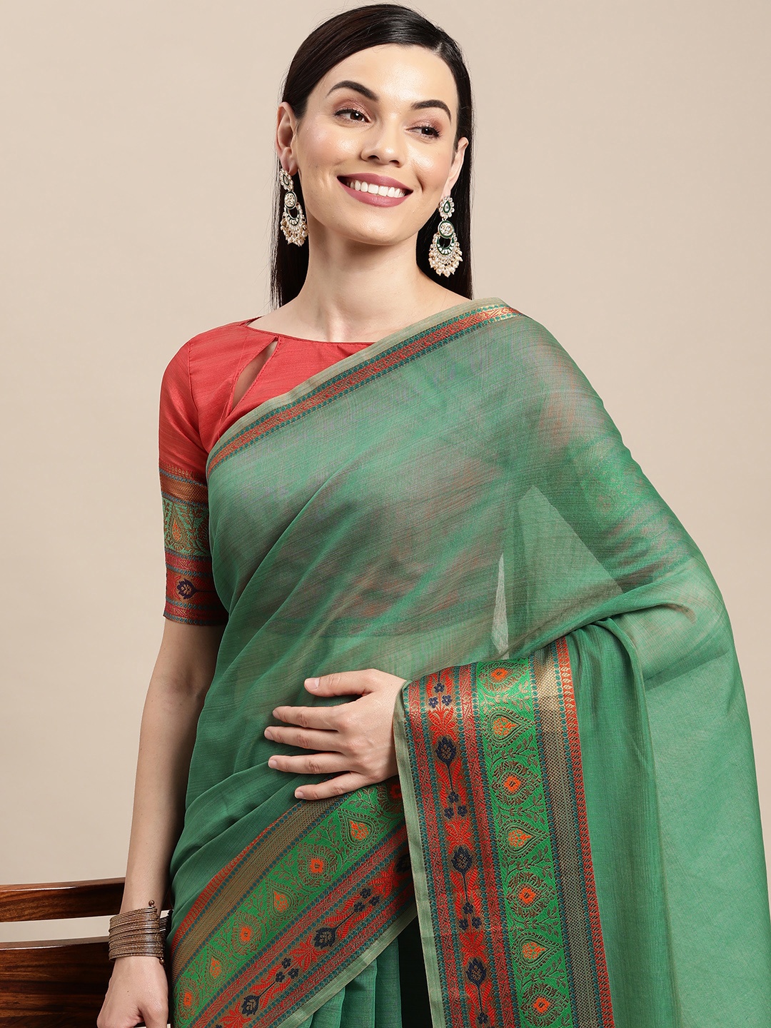 

VAIRAGEE Green & Red Striped Pure Cotton Saree