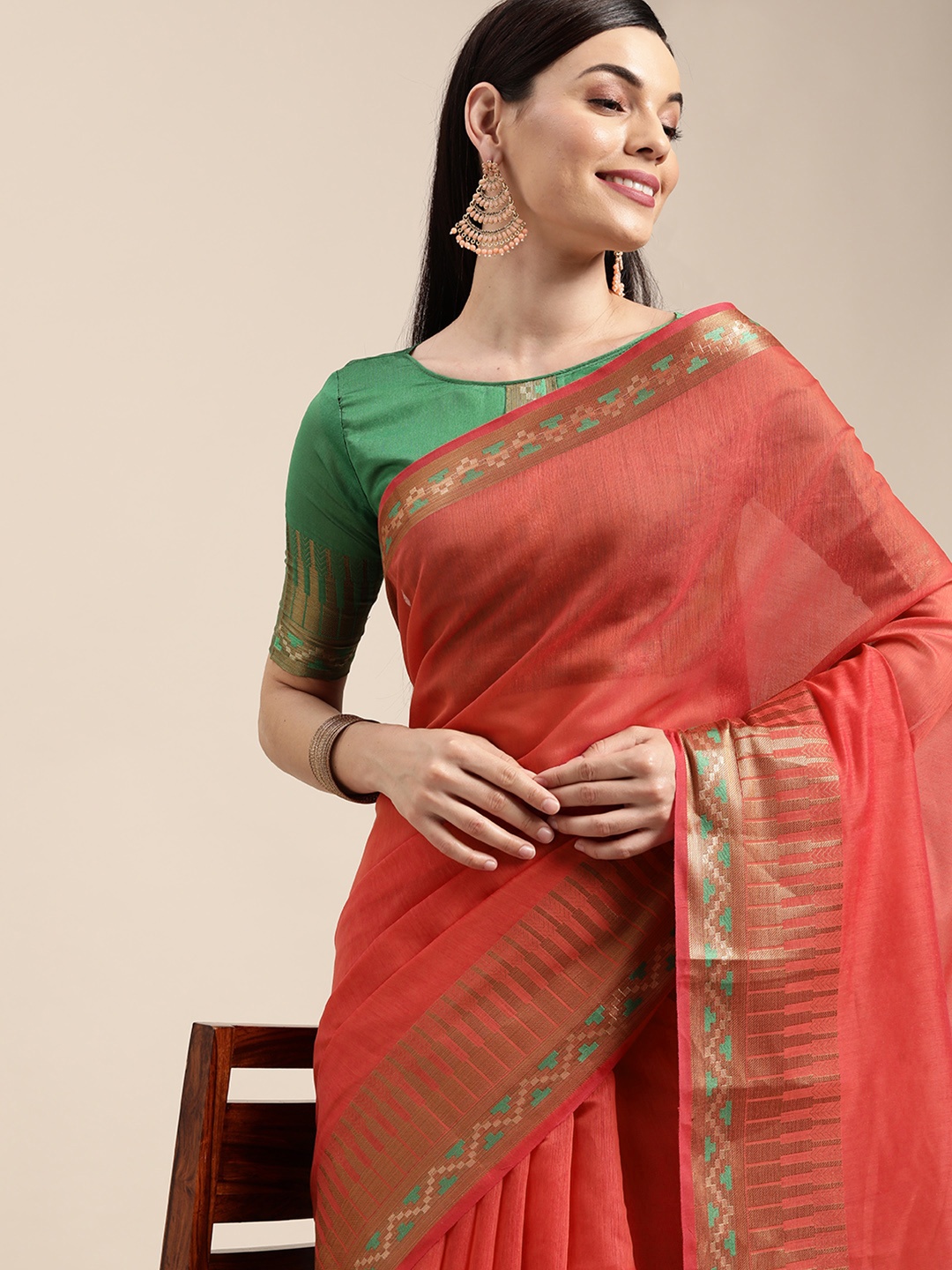 

VAIRAGEE Coral Red & Green Striped Pure Cotton Saree