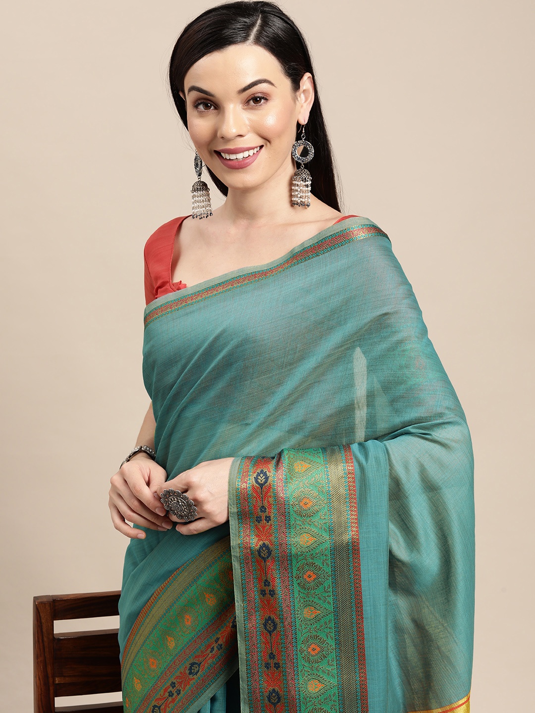

VAIRAGEE Teal Blue & Red Striped Pure Cotton Saree
