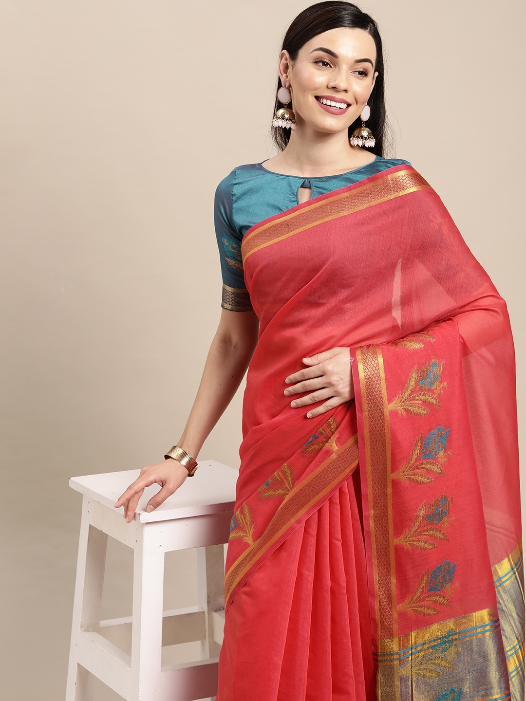 

VAIRAGEE Pink & Blue Ethnic Motifs Pure Cotton Saree