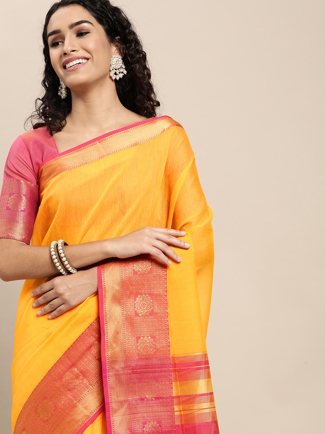 

VAIRAGEE Yellow & Red Striped Pure Cotton Saree