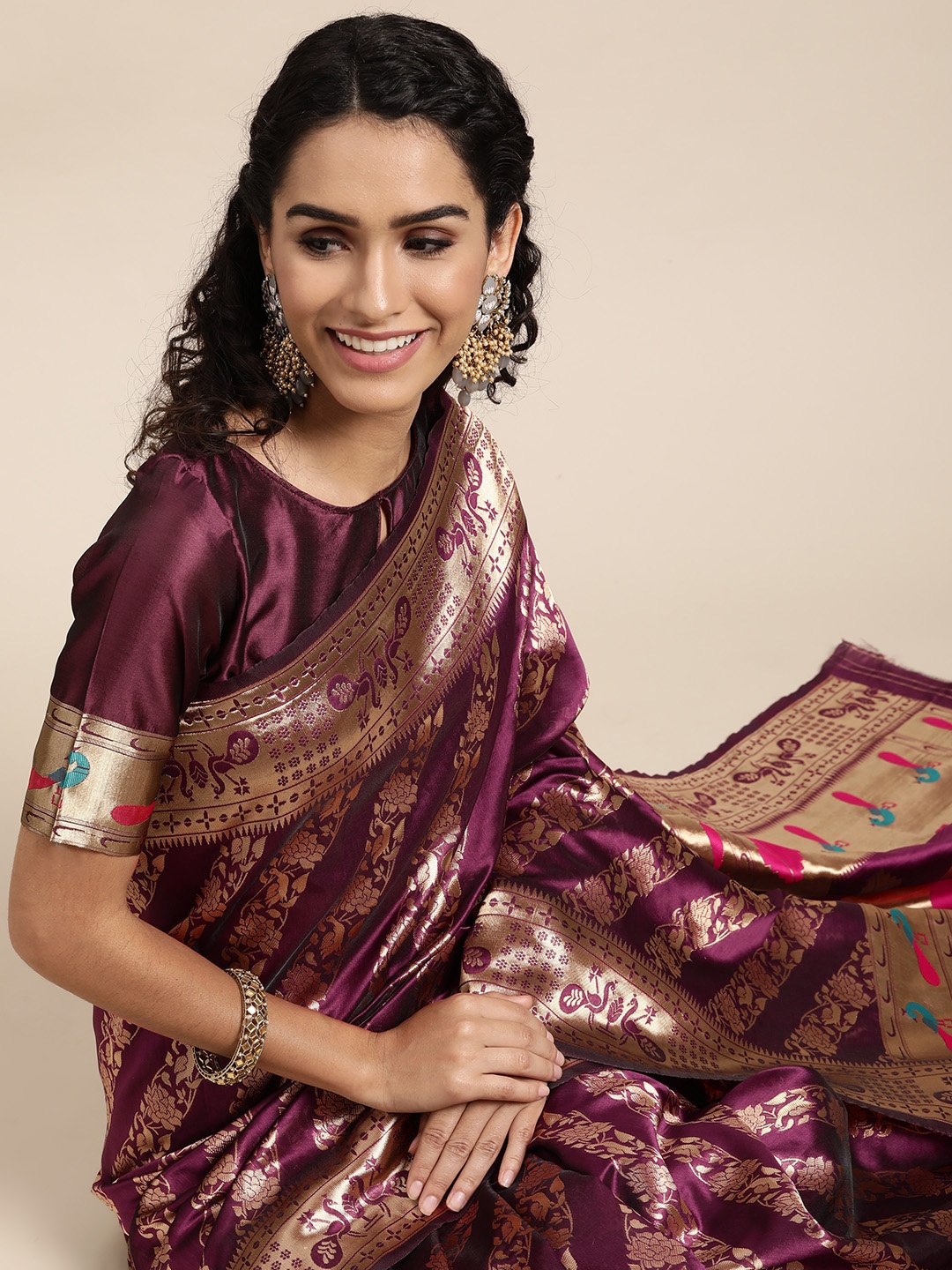 

VAIRAGEE Burgundy & Golden Ethnic Motifs Pure Cotton Saree