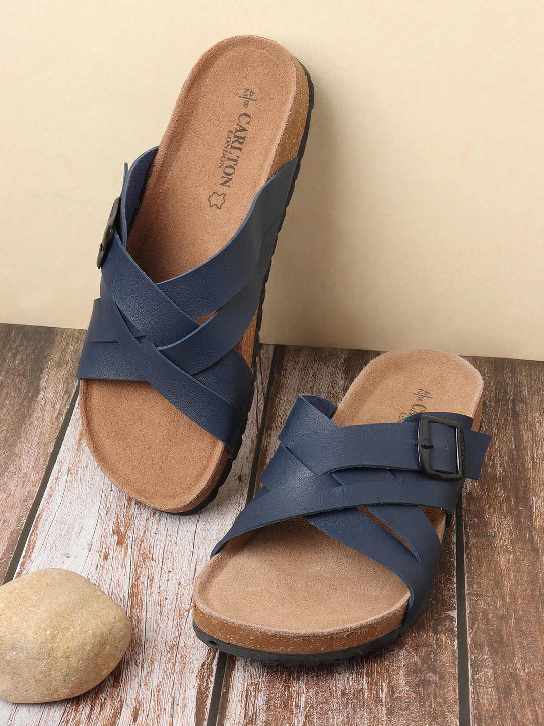 

Carlton London Men Navy Blue & Beige Solid Comfort Sandals