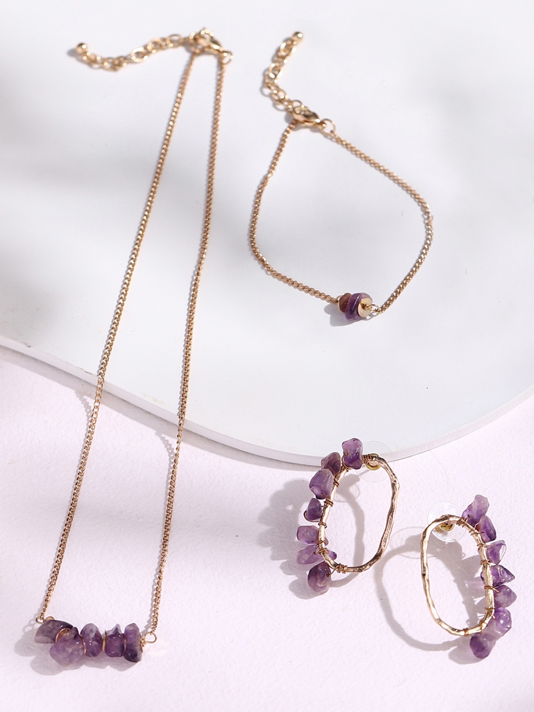 

DEEBACO Women Rose Gold-Plated Purple Natural Stone Studded Jewellery Set