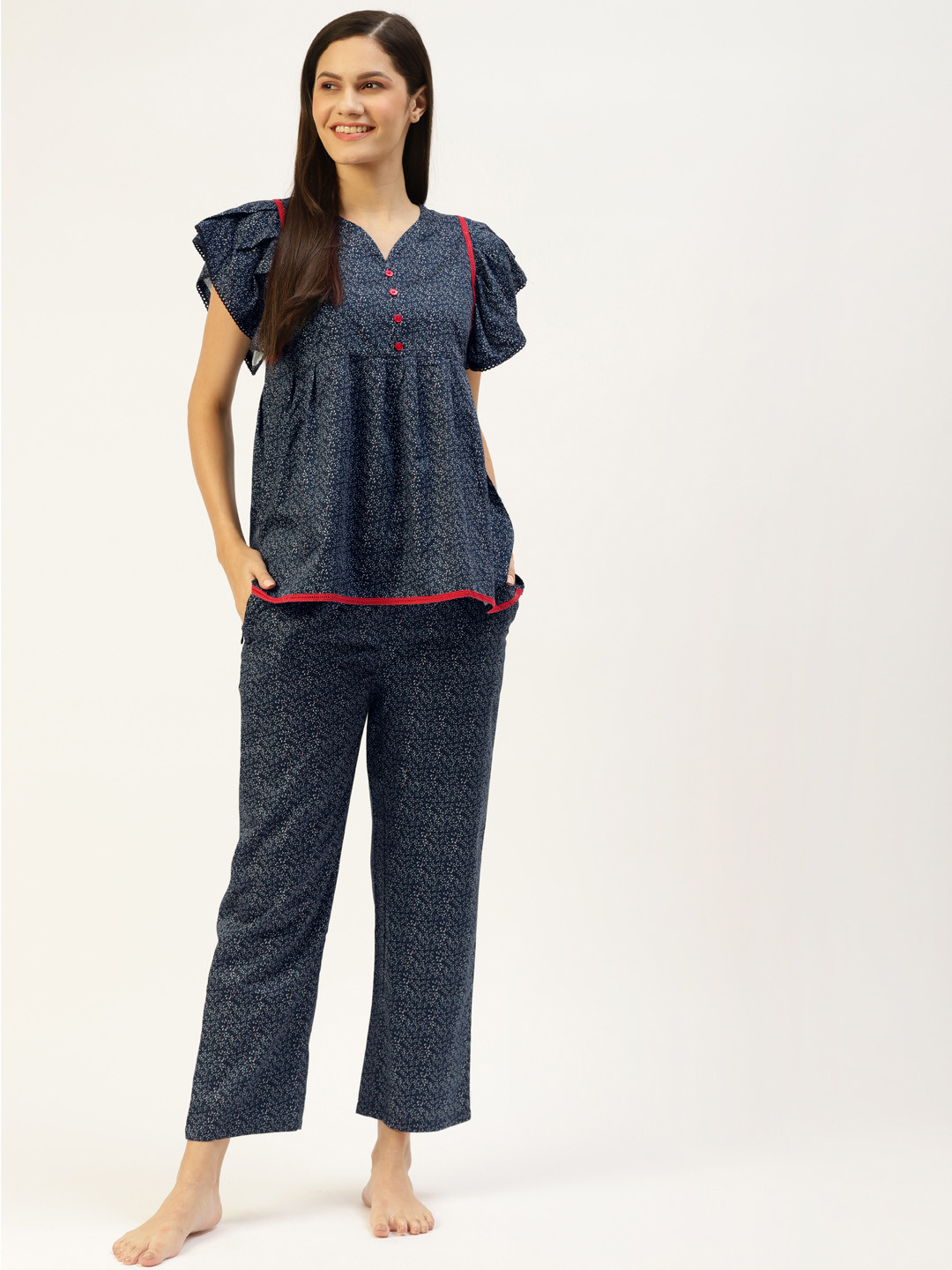 

BROOWL Women Navy Blue Printed Pure Cotton Night suit