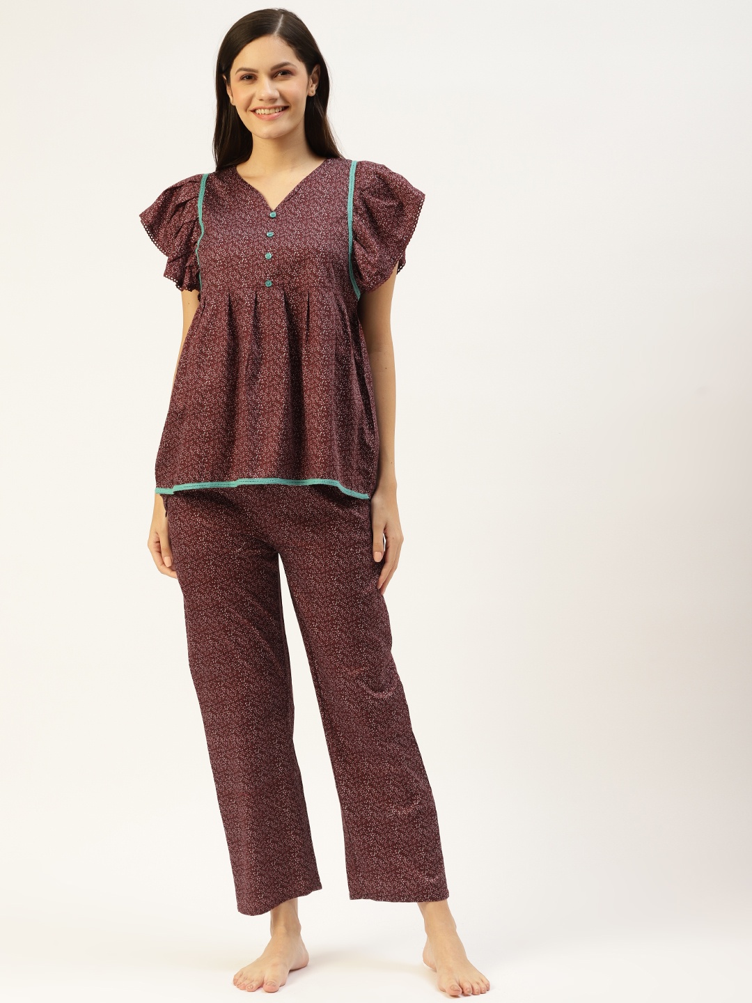 

BROOWL Women Maroon Printed Pure Cotton Night suit