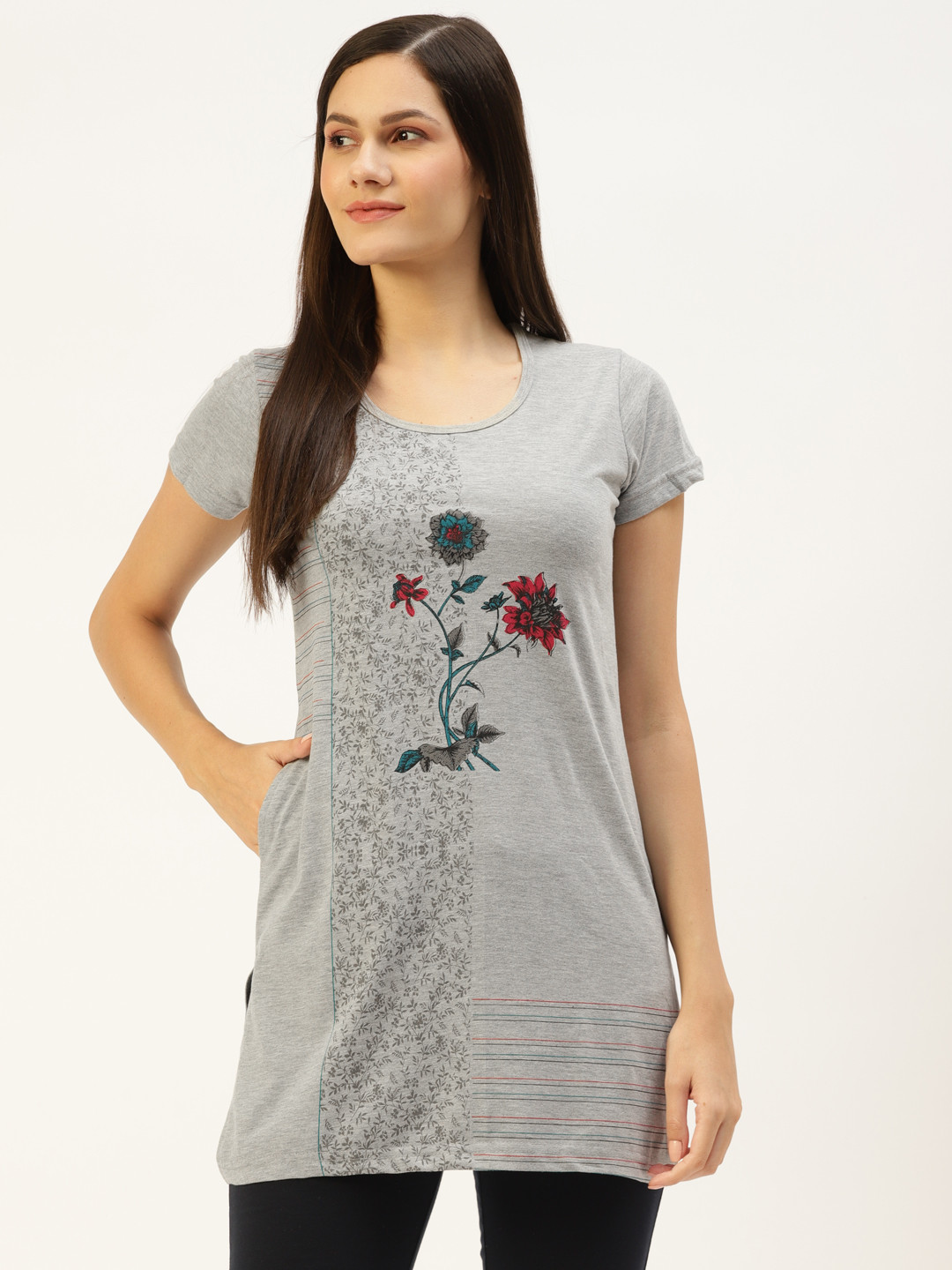 

BROOWL Women Grey Printed Longline Cotton Lounge T-Shirt