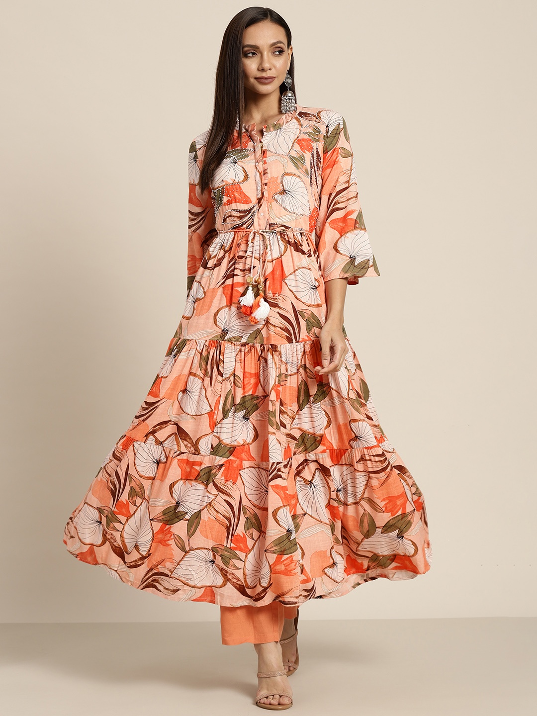 

Rain & Rainbow Women Peach-Coloured & White Floral Print Anarkali Kurta