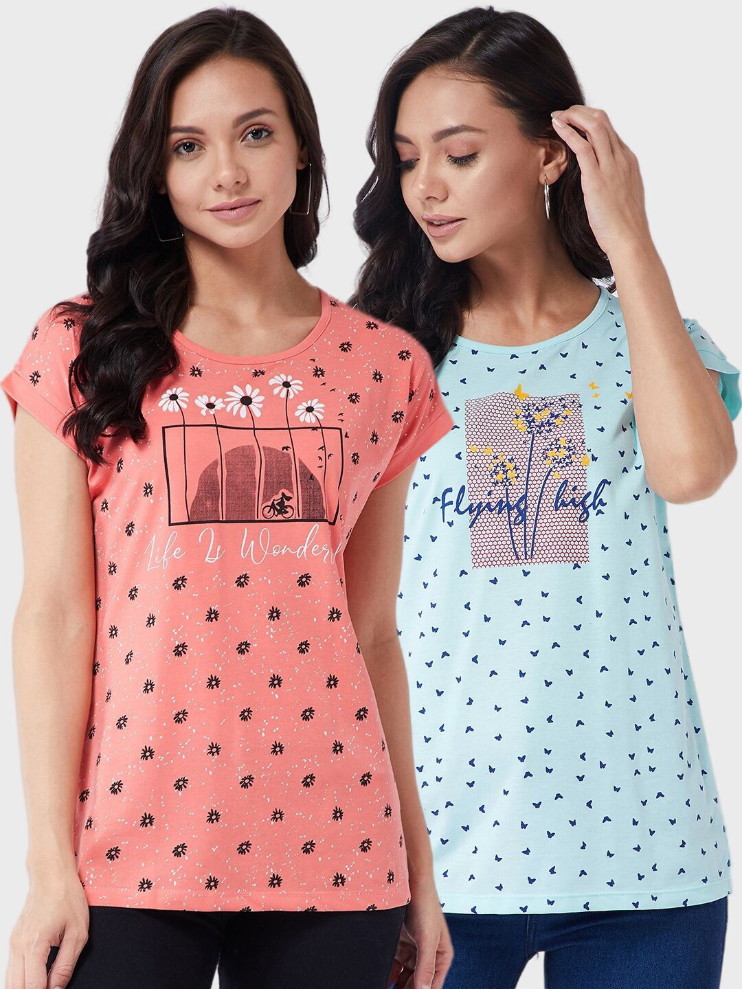 

Modeve Women Coral Pink & Blue Floral 2 Printed Cotton T-shirts