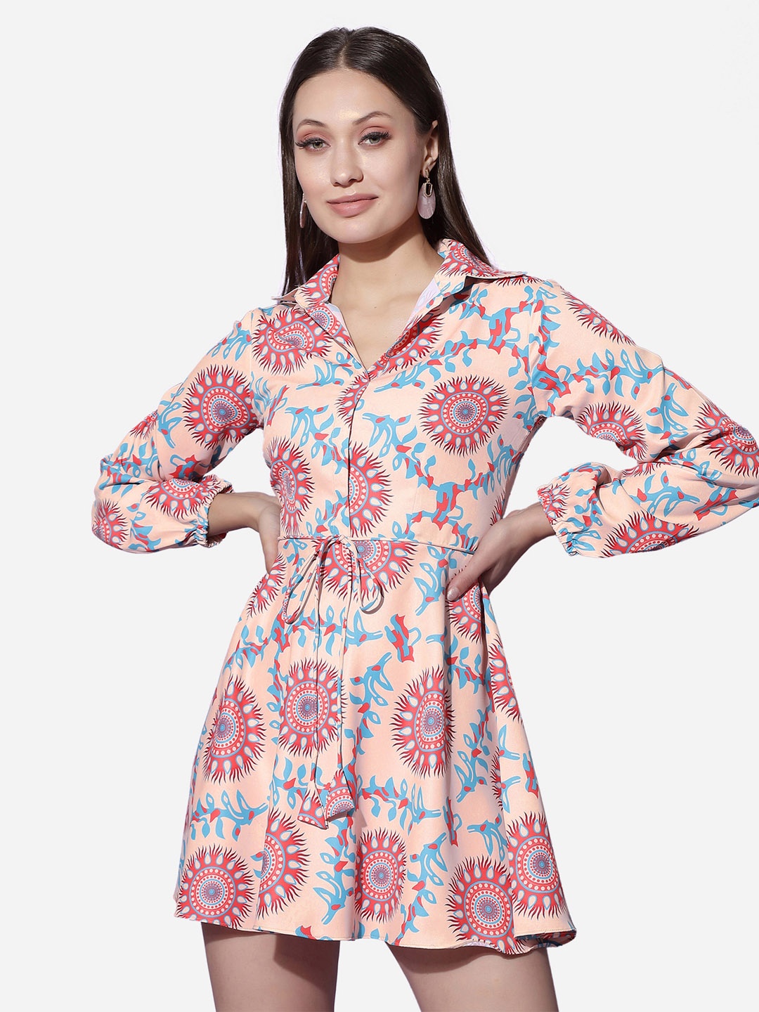 

Selvia Peach-Coloured Floral Crepe Shirt Mini Dress