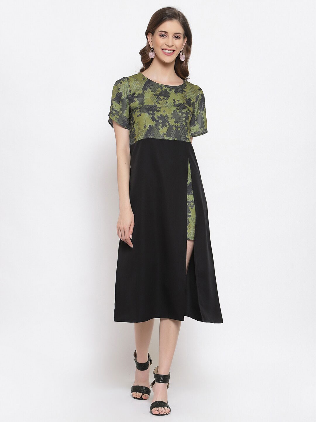 

Selvia Green Floral Crepe A-Line Midi Dress