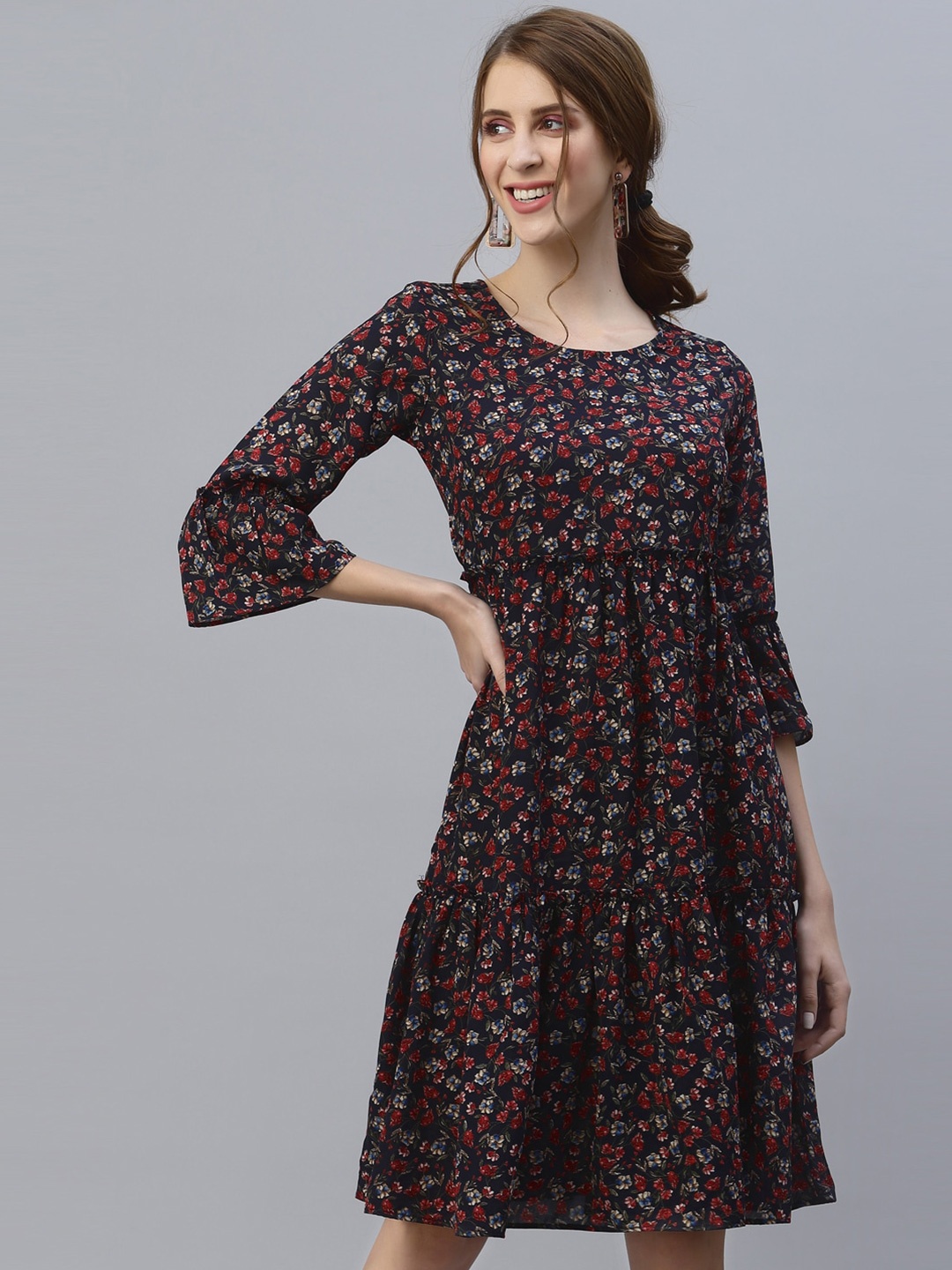 

Selvia Blue Floral Crepe A-Line Dress