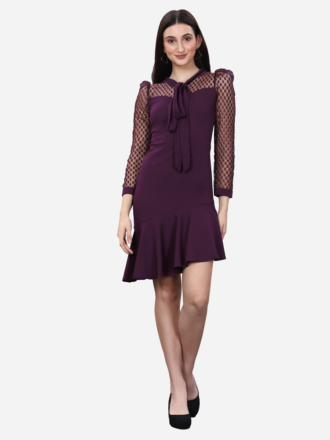 

Selvia Purple Tie-Up Neck Drop-Waist Dress