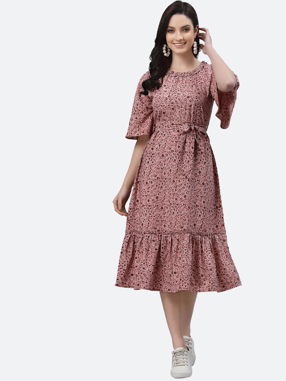 

Selvia Pink Floral Crepe A-Line Midi Dress
