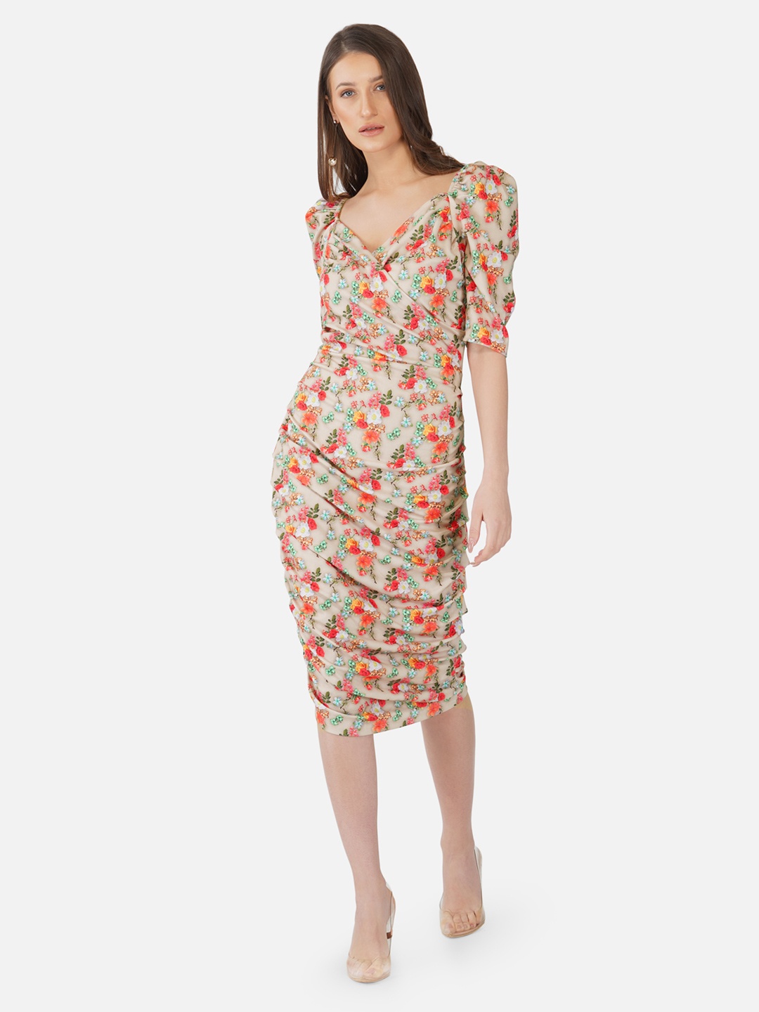 

Selvia Beige Floral Scuba Sheath Dress