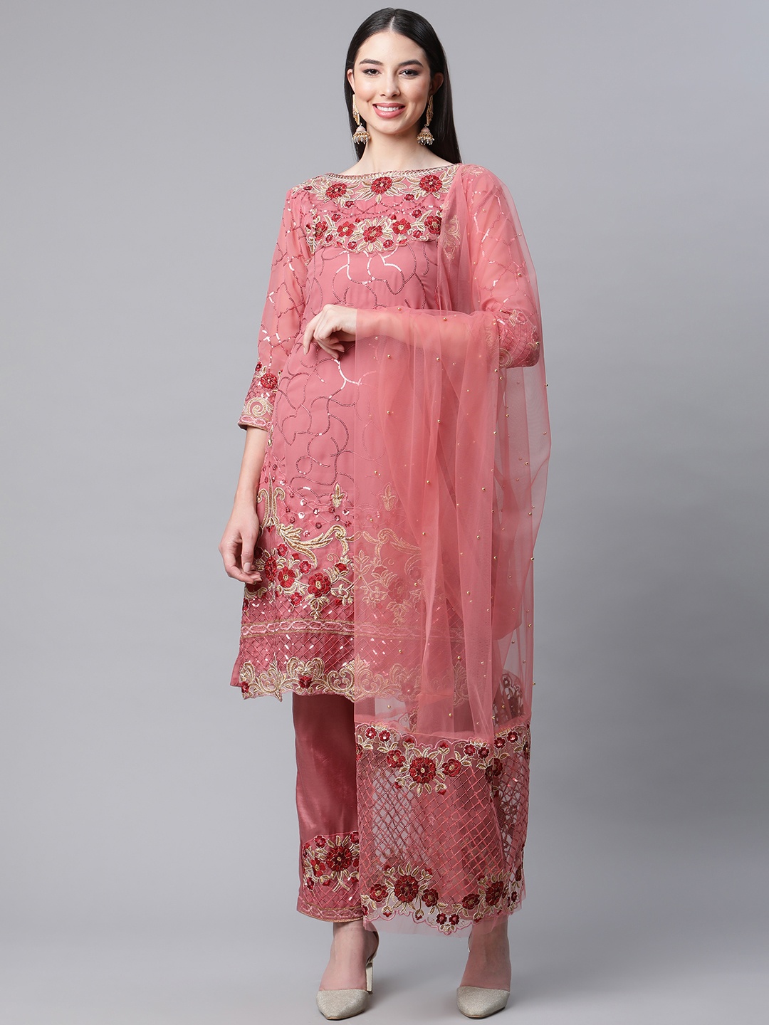 

Readiprint Fashions Peach-Coloured Embroidered Semi-stitched Dress Material