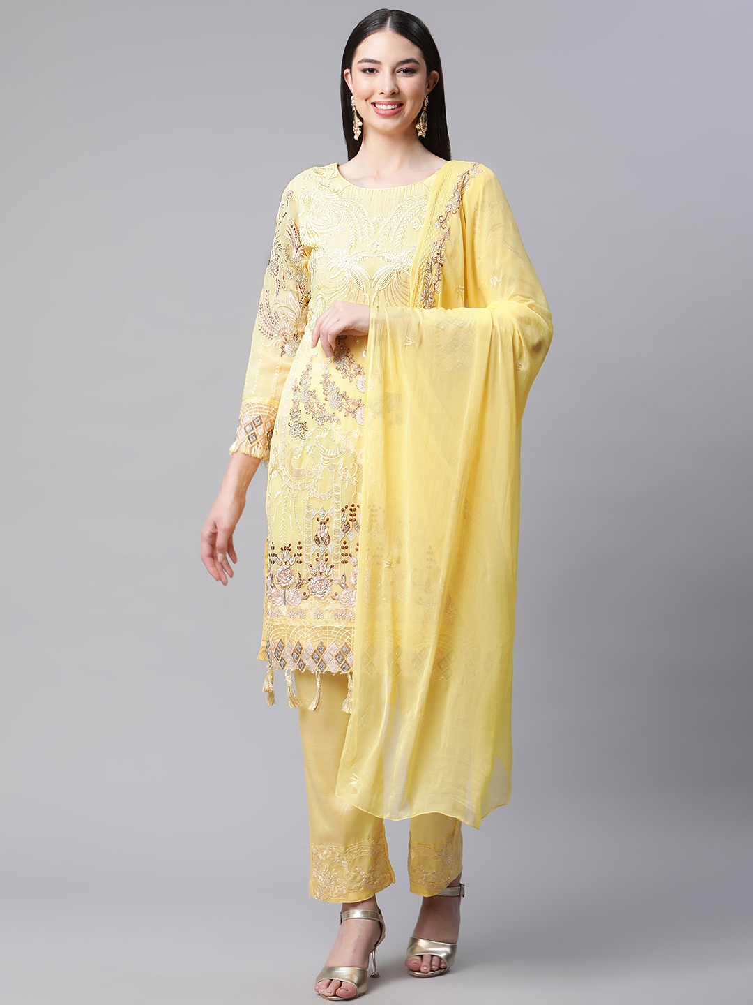 

Readiprint Fashions Yellow Embroidered Semi-stitched Dress Material